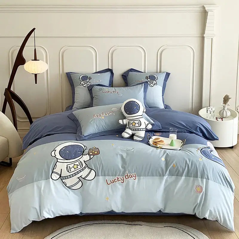 Light blue 100 percent cotton decorbites astronaut cartoon bedding set with embroidered stars and lucky day quilted fabric