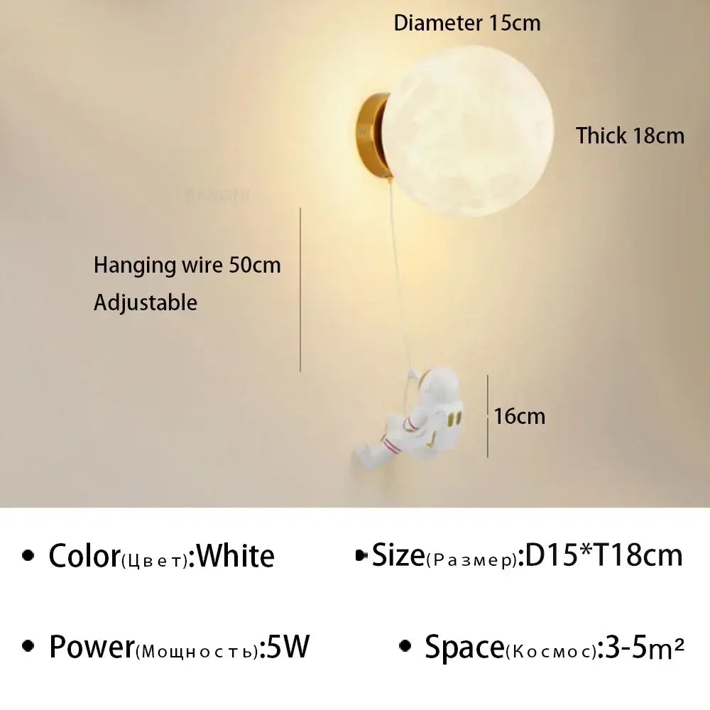 Decorbites astronaut cartoon wall lamp with white moon-like spherical shade gold base and adjustable hanging wire