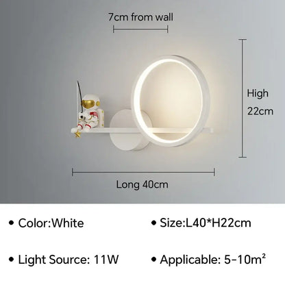 White circular wall lamp with integrated shelf and led ring in decorbites astronaut cartoon design for modern decor