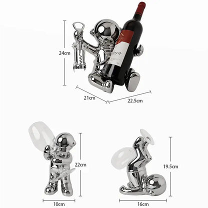 Shiny chrome decorbites astronaut ceramic wine rack figurine holding wine bottle and corkscrew for bar decor