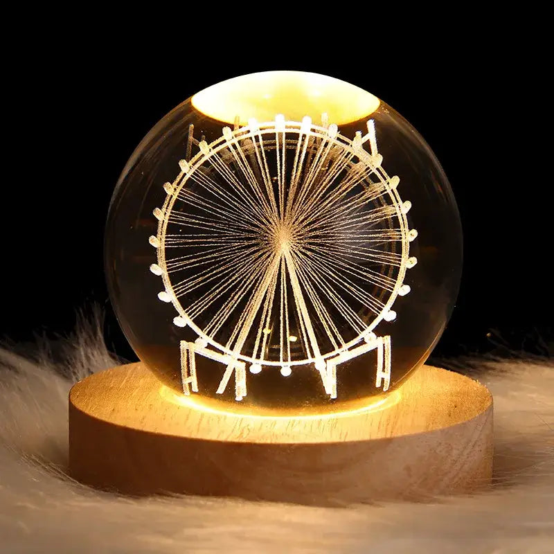 Decorbites™ astronaut crystal ball night light with etched ferris wheel design on wooden base warm usb powered lamp
