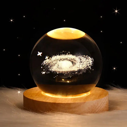 DecorBites™ astronaut crystal ball night light with glowing galaxy design on wooden base USB powered bedside lamp