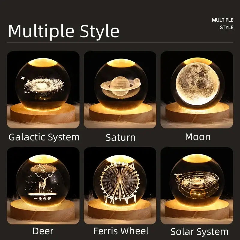 DecorBites™ crystal ball night light with illuminated galaxies planets moons deer and ferris wheels USB powered warm lamp