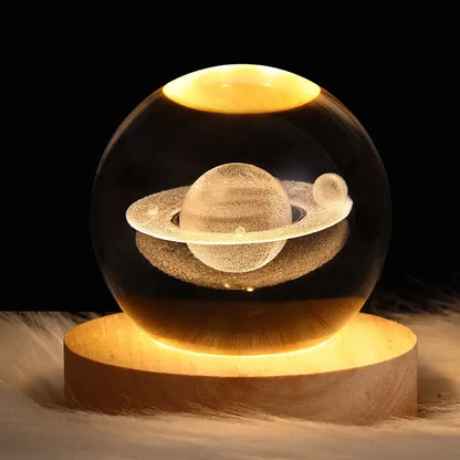 DecorBites™ warm-toned crystal ball night light with 3d Saturn engraving on wooden base USB powered bedside lamp