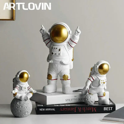 DecorBites astronaut figurine abstract sculpture in white with gold visor and red-striped suit for modern home decor