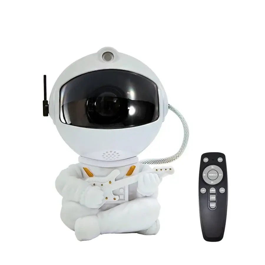 White decorbites astronaut galaxy starry sky night light shaped like a seated figure holding a guitar with black lens and antenna