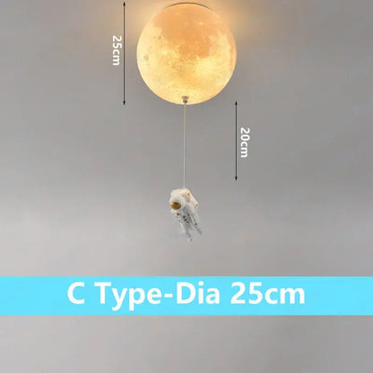 Warm-toned 25cm decorbites astronaut globe ceiling light featuring a moon shape with a dangling astronaut figure for kids room