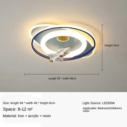 Modern led ceiling light with white and navy concentric rings, golden planet disc, and airplane model for decorbites astronaut kids bedroom