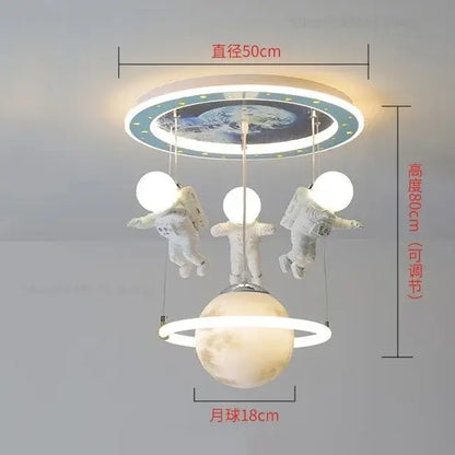 Circular decorbites astronaut led ceiling light featuring three white astronaut figurines and a detailed moon model