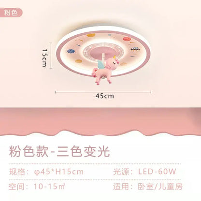 Pink unicorn-themed decorbites astronaut led ceiling light with circular space motif for kids room ceiling light