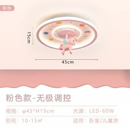 Pink unicorn-themed decorbites astronaut led ceiling light with circular design and space motifs for kids room