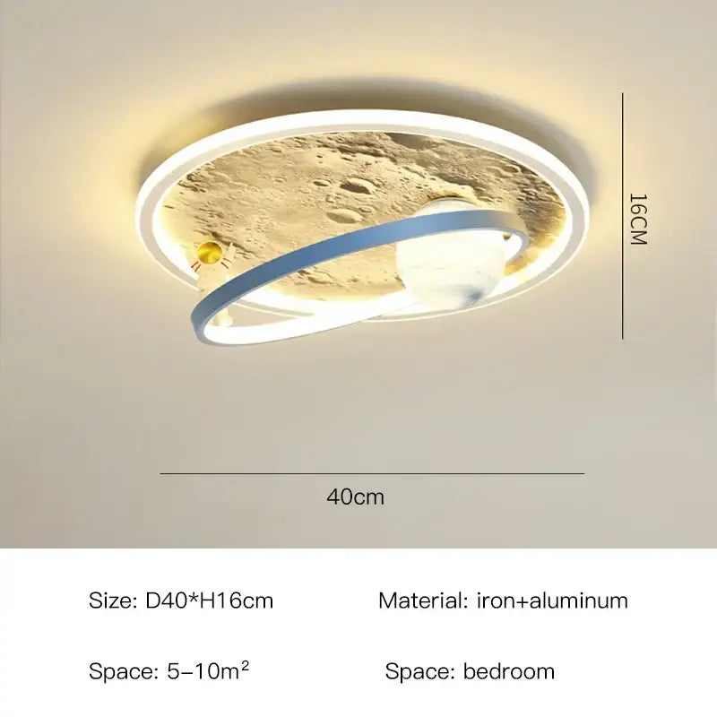 Circular ceiling light with moon-like texture blue ring and white led trim decorbites astronaut led chandelier for kids room