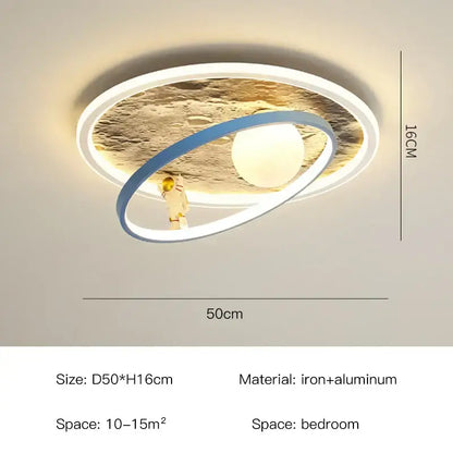 Modern circular decorbites astronaut led chandelier with moon textured center blue orbital ring and white led light for kids room