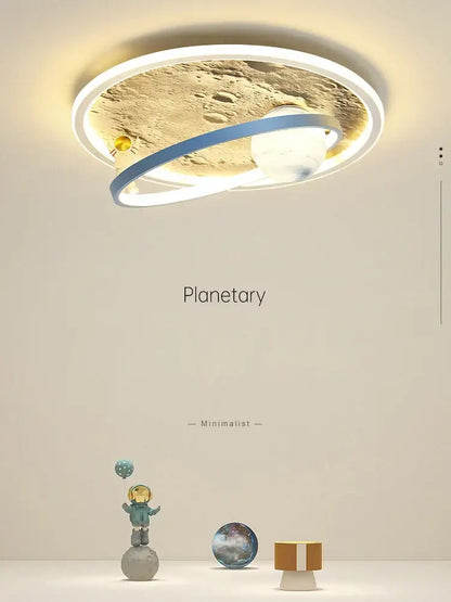 Circular decorbites astronaut led chandelier with moon textured surface, soft white led rings, and blue orbital band for kids room