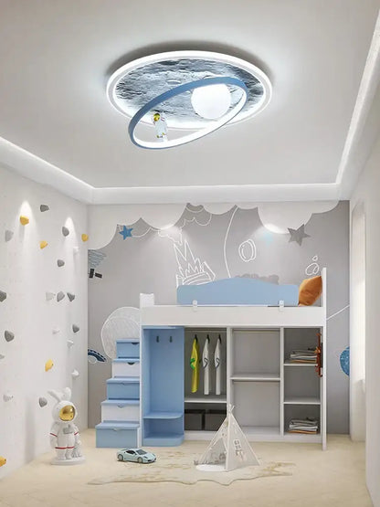 Circular decorbites astronaut led chandelier with blue white space design and glowing orb for kids bedroom light