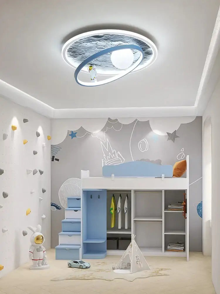 Circular decorbites astronaut led chandelier with blue white space design and glowing orb for kids bedroom light