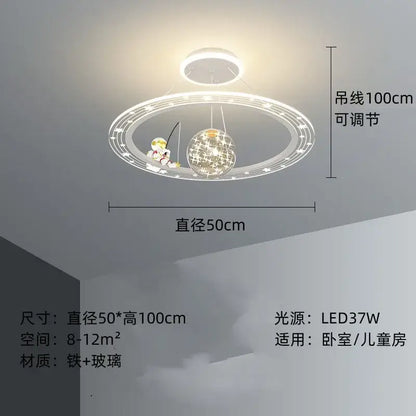 A modern decorbites astronaut led chandelier with white metallic frame and glass globe for children’s room lighting