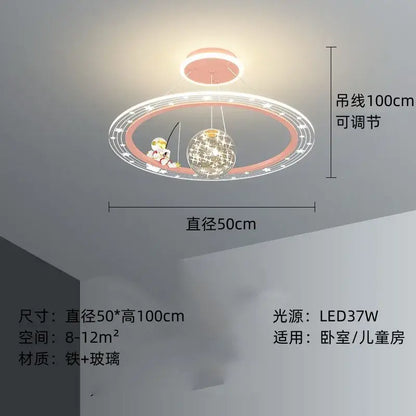 Decorbites astronaut led chandelier pink and white ceiling light with cartoon astronaut fishing and sparkling globe pendant