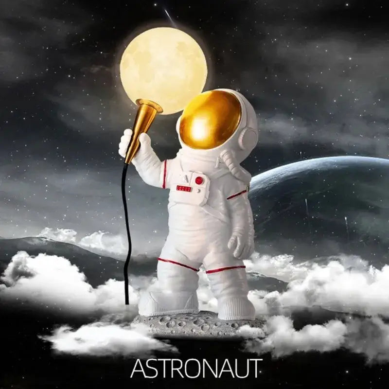 White resin astronaut led table lamp with gold helmet and moon-shaped golden lamp for kids room decor