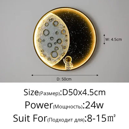 DecorBites™ astronaut led wall lamp with gold-rimmed resin moon surface and starry sky featuring astronaut figurine