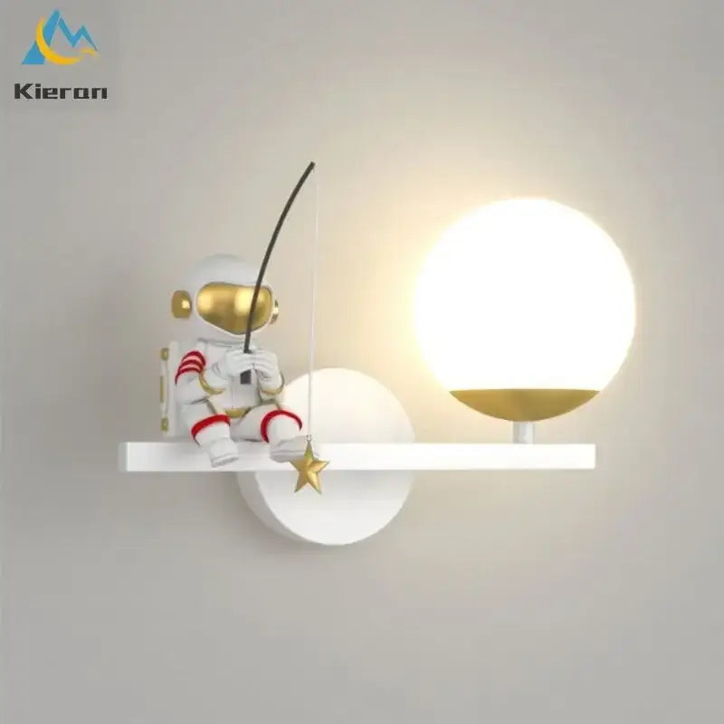 White and gold DecorBites astronaut led wall lamp with spherical light fixture and three color dimming for bedroom decor