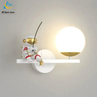 White and gold DecorBites astronaut led wall lamp with spherical light fixture and three color dimming for bedroom decor