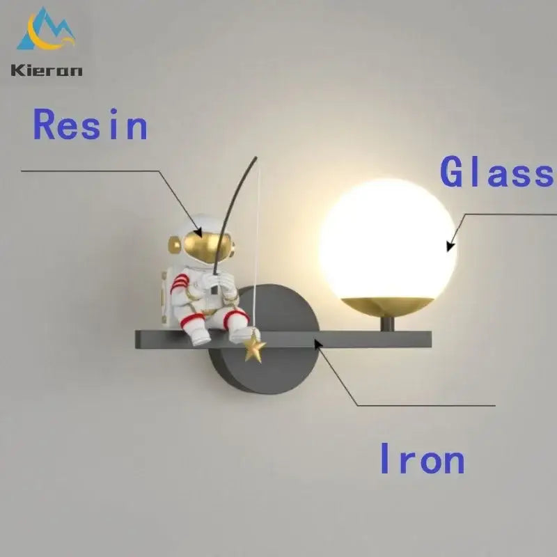 White and gold resin astronaut figurine with red stripes on iron decorbites astronaut led wall lamp with glass globe light