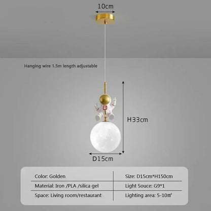 Golden decorbites astronaut pendant light with spherical moon glass globe and metallic iron frame for childrens room