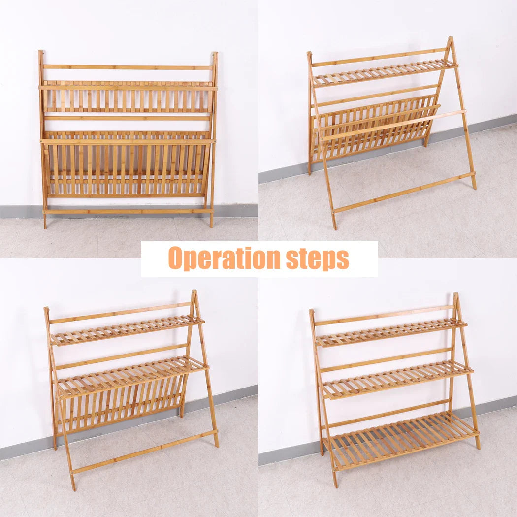 Light brown bamboo folding shelf stand with four slatted shelves ideal as a pot shelf or plant pot shelf