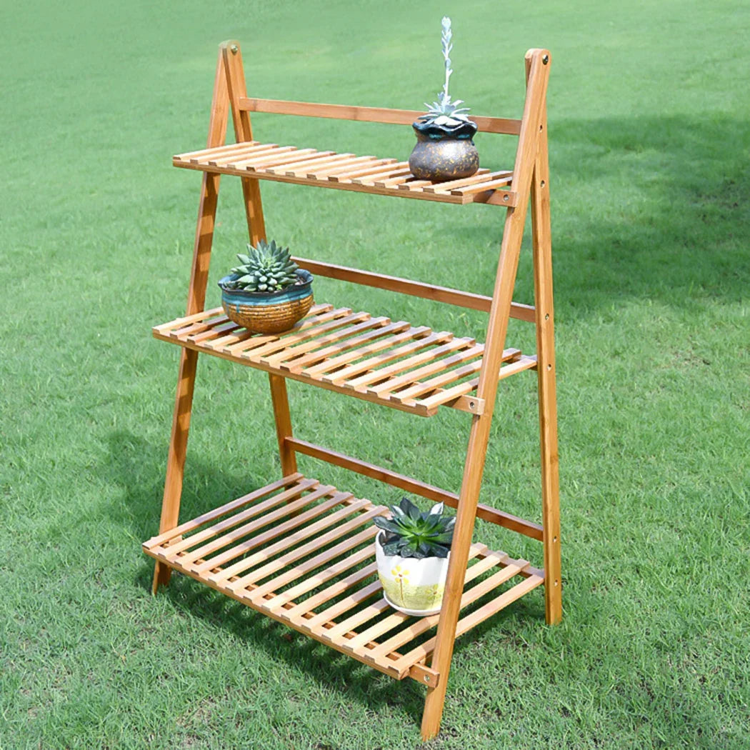 Decorbites™ light brown bamboo three-tier plant pot shelf stand with slatted shelves for indoor plant display