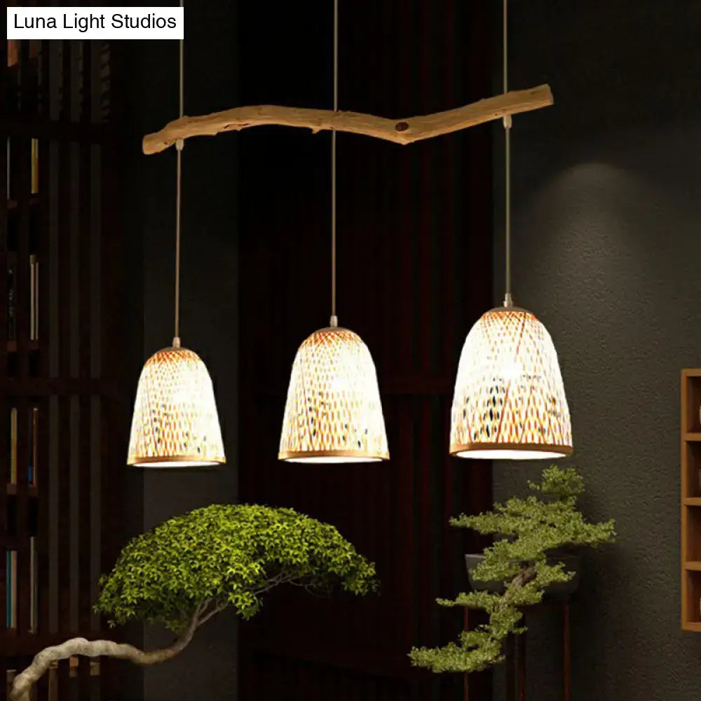 DecorBites bamboo bell shade pendant light features three woven bamboo shades with natural wood branch finish