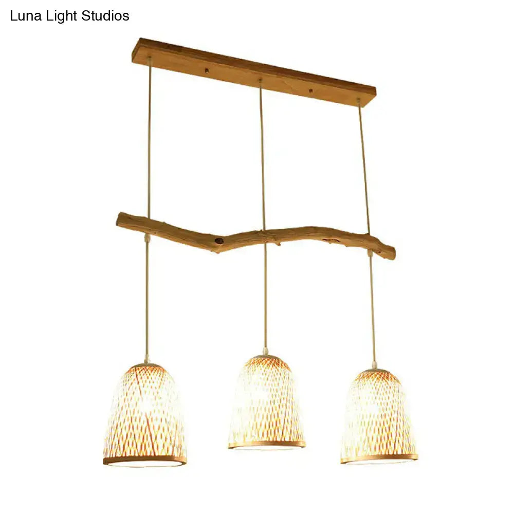 DecorBites bamboo bell shade pendant light with three warm-toned woven bamboo shades and natural wood finish