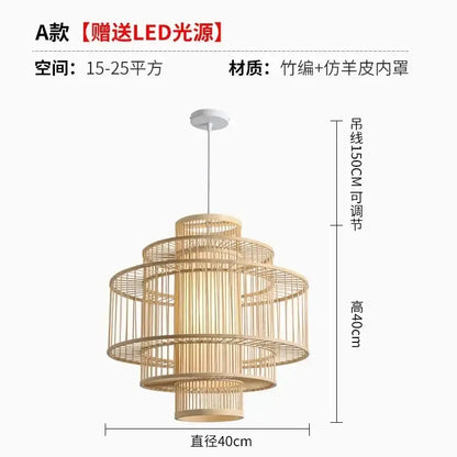 Decorbites bamboo ceiling chandelier with tiered bamboo rings and faux leather shade in natural wood tones for garden use