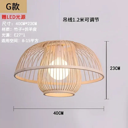 Beige decorbites bamboo ceiling chandelier with woven cage design and faux leather trim featuring integrated led bulb
