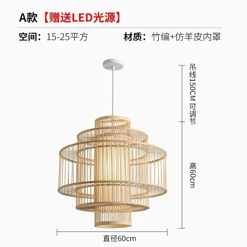 Decorbites bamboo ceiling chandelier tiered natural-toned bamboo pendant light with faux leather inner shade