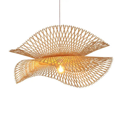 A warm-toned decorbites bamboo chandelier with fan-like layered woven design for kitchen pendant lighting