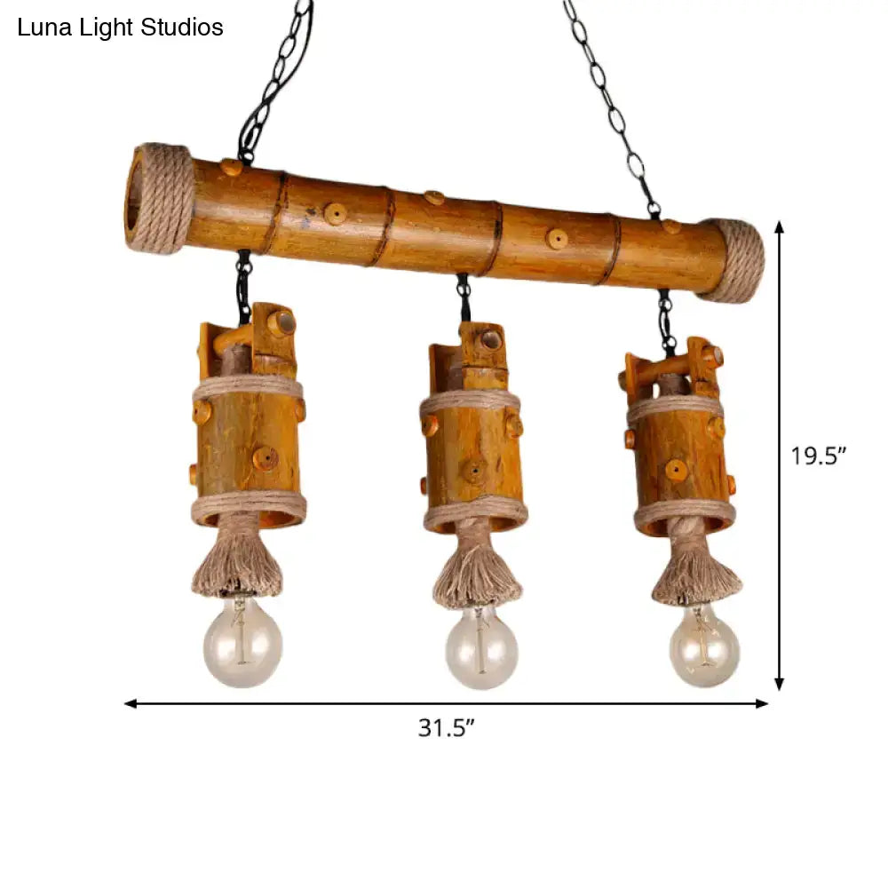 DecorBites bamboo Chinese bucket pendant lamp with three brown twine-wrapped cylindrical fixtures island light fixture