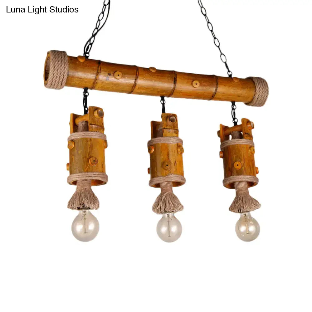 Natural bamboo chinese bucket pendant lamp with three rustic rope-wrapped fixtures and exposed bulbs in brown
