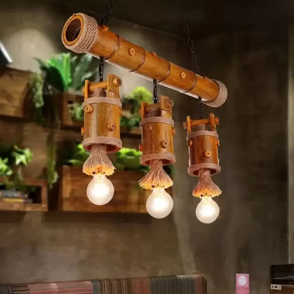 Decorbites bamboo chinese bucket pendant lamp in brown with natural twine rope accent and warm glowing bulbs island light fixture
