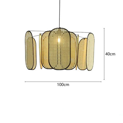 A modern decorbites bamboo core rattan chandelier pendant light with oval beige panels and black metal frame