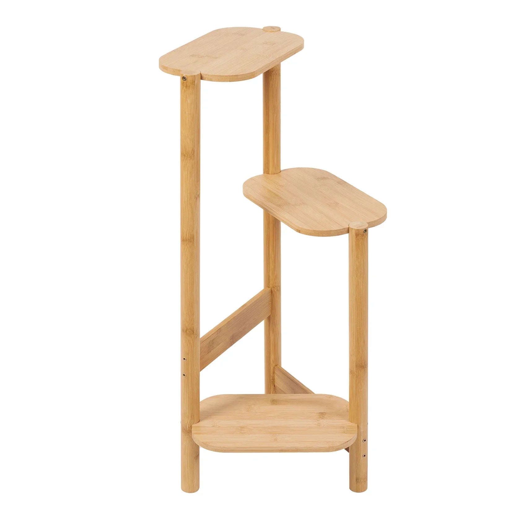 Light-colored bamboo corner plant stand with three tiered oval shelves for garden balcony by decorbites plant rack