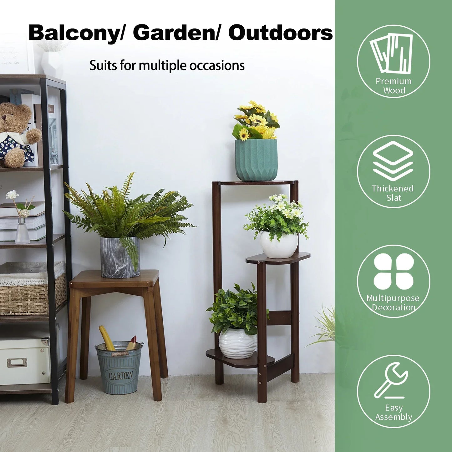 Dark brown bamboo corner plant stand with three tiers, angled legs, and rounded edges for garden or balcony use