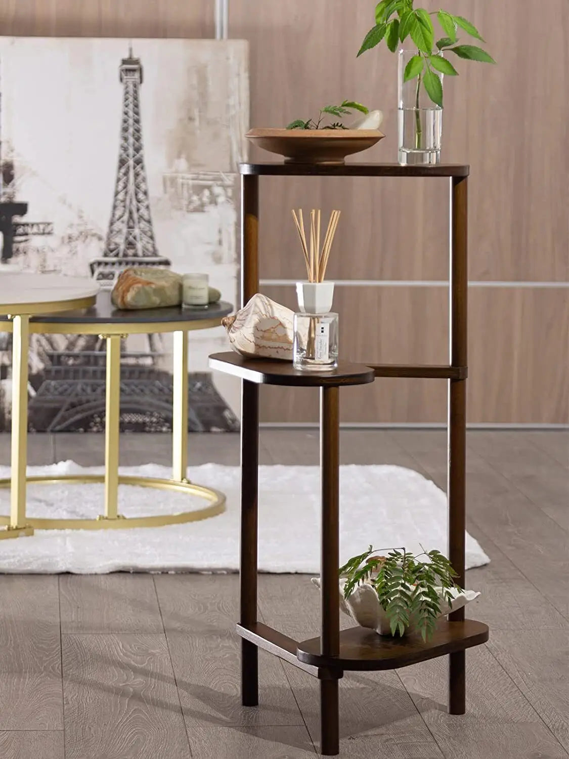 Dark brown wooden decorbites bamboo corner plant stand with three round shelves and modern minimalist design