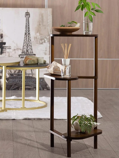Dark brown wooden decorbites bamboo corner plant stand with three round shelves and modern minimalist design
