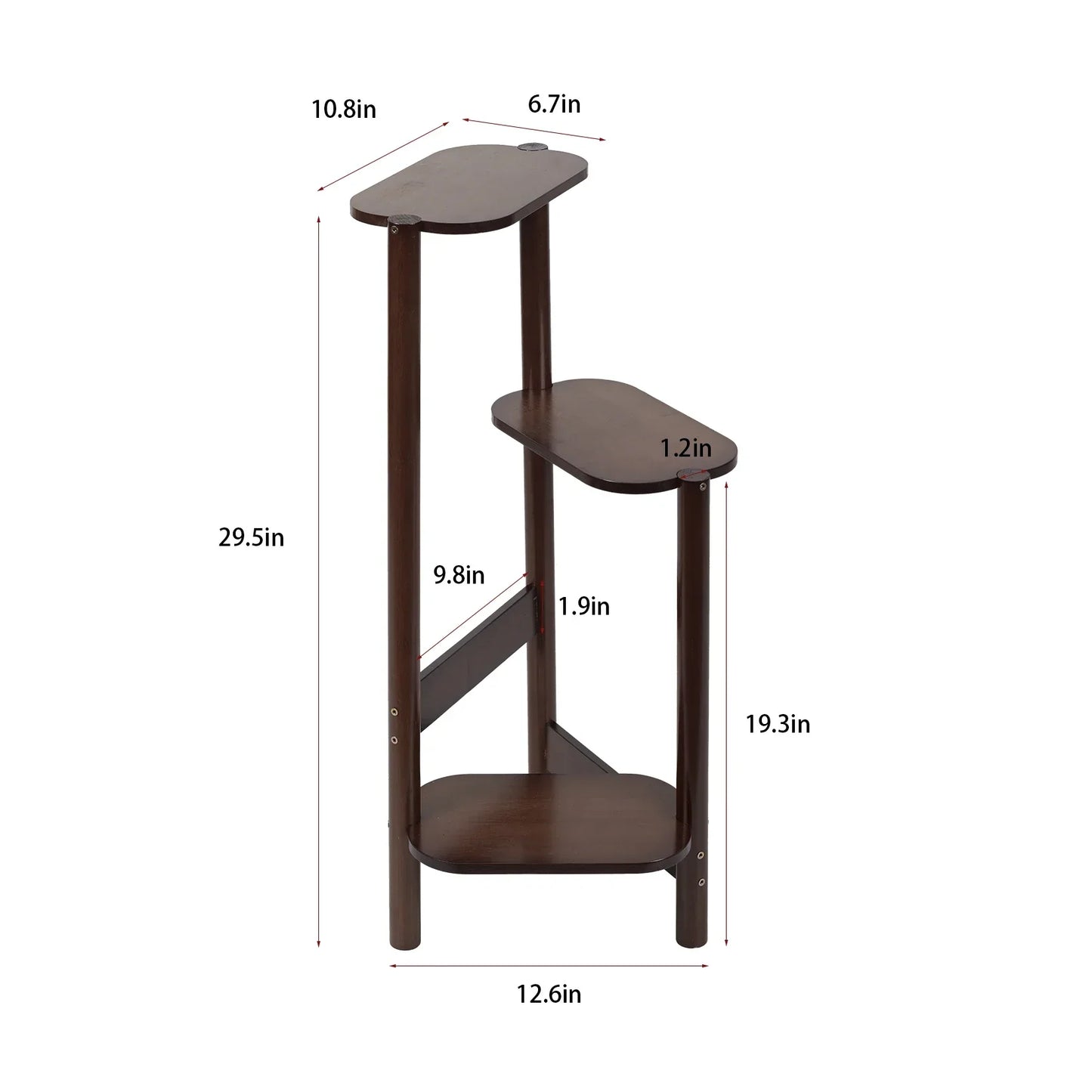 Dark brown bamboo three-tier corner plant stand with oval shelves and angled legs for garden balcony use