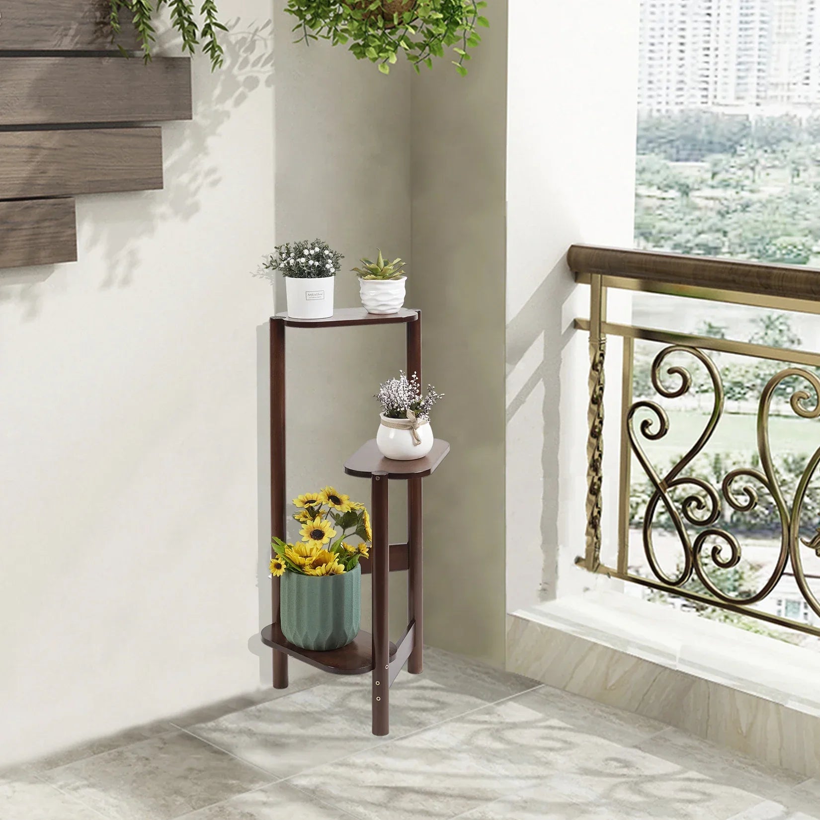 Decorbites™ bamboo dark brown wooden corner plant stand with three tiered shelves for garden balcony use
