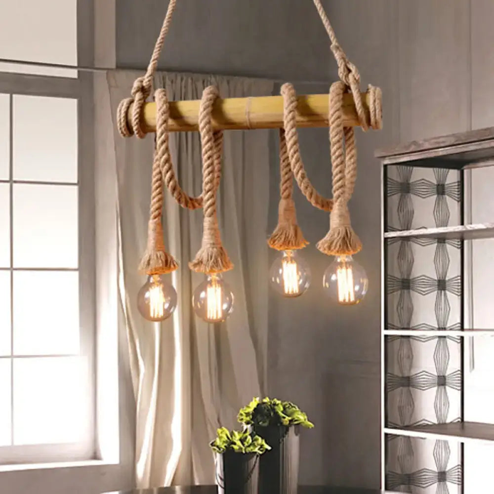 DecorBites™ bamboo linear island chandelier industrial style beige with natural bamboo rod rope suspension and Edison bulbs