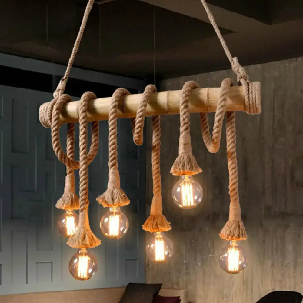Rustic decorbites™ bamboo linear island chandelier in industrial style with beige rope and frayed tassel light type