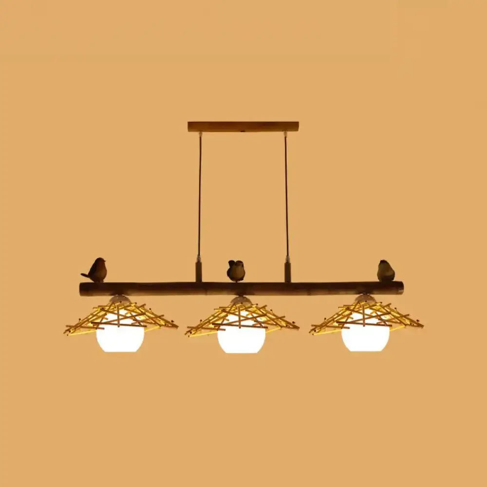 Rustic wooden pendant light decorbites bamboo pendant lighting with three woven bamboo shades white glass art deco accents