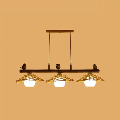 Rustic wooden pendant light decorbites bamboo pendant lighting with three woven bamboo shades white glass art deco accents